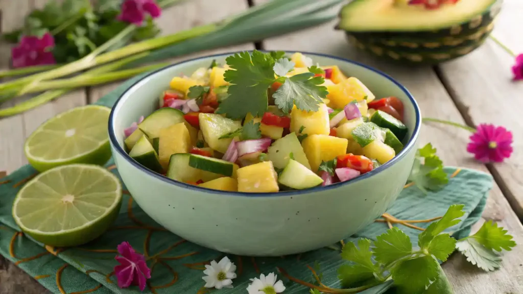 A beautifully presented pineapple cucumber salad ready to be served.