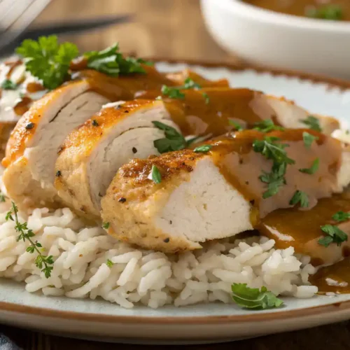 A delicious plate of smothered chicken served with rice and gravy.