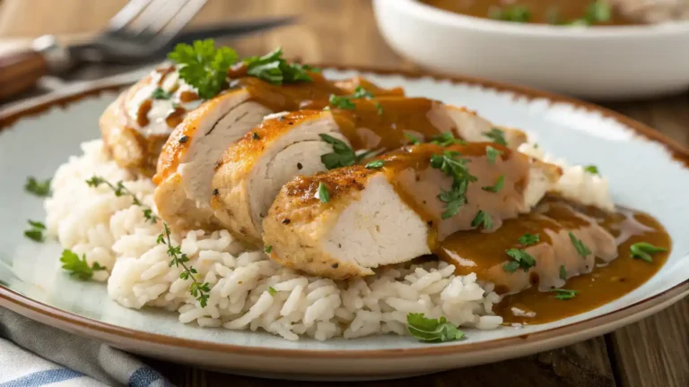 A delicious plate of smothered chicken served with rice and gravy.