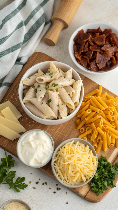 Ingredients for Crack Chicken Penne including penne pasta, shredded chicken, cream cheese, cheddar cheese, crispy bacon, ranch seasoning, garlic, and chopped parsley neatly arranged.