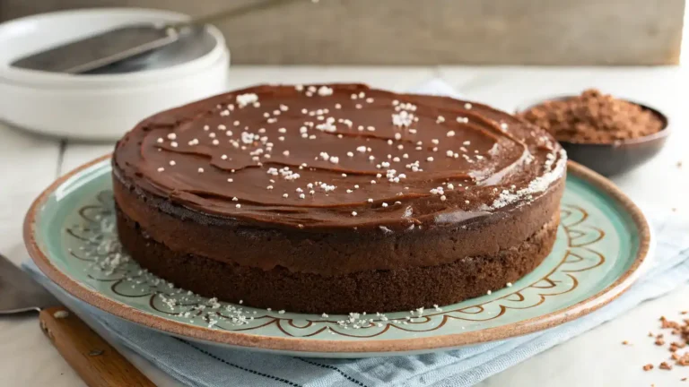 Freshly baked brownie cake topped with chocolate ganache.