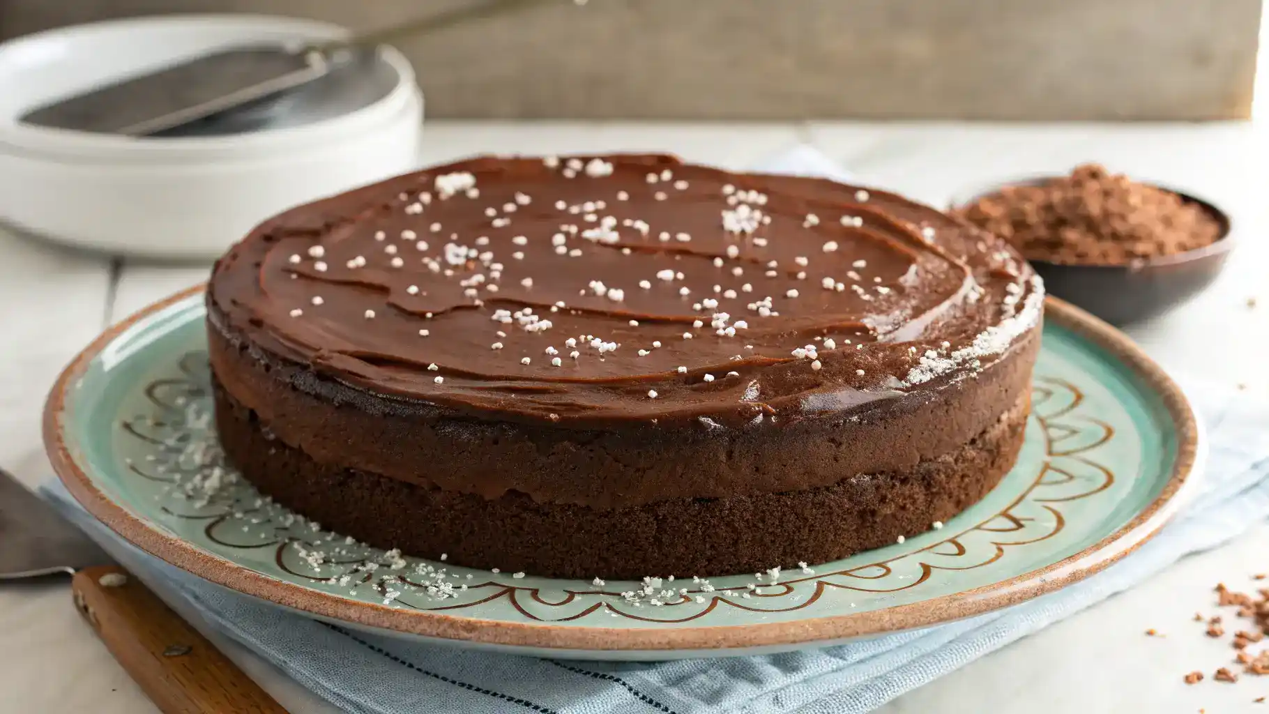 Freshly baked brownie cake topped with chocolate ganache.