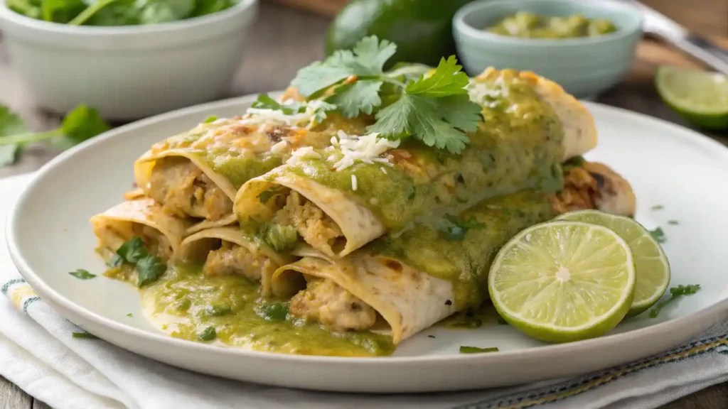 A plate of green chili chicken enchiladas garnished with cilantro and lime.