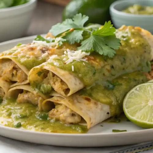 A plate of green chili chicken enchiladas garnished with cilantro and lime.