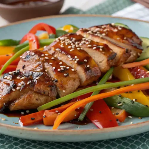 Grilled chicken marinated in Asian chicken marinade served with vegetables.