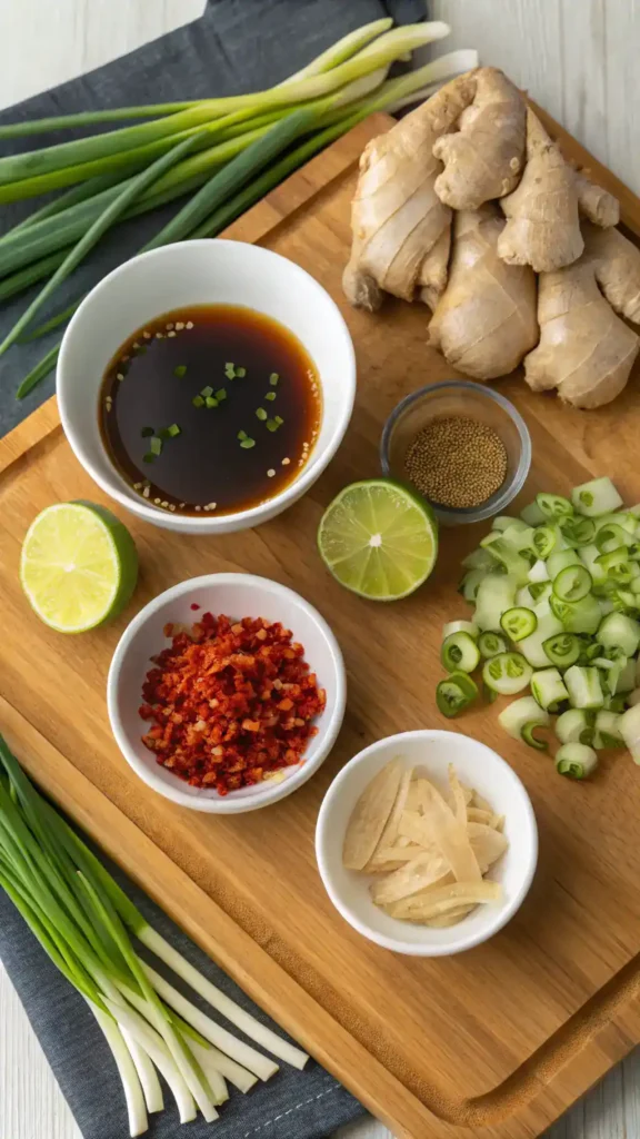 Ingredients for Asian chicken marinade arranged on a wooden cutting board.