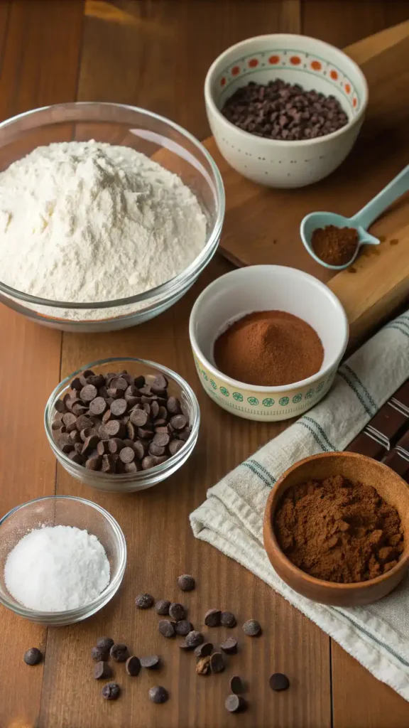 Ingredients for brownie cake displayed on a wooden countertop.
