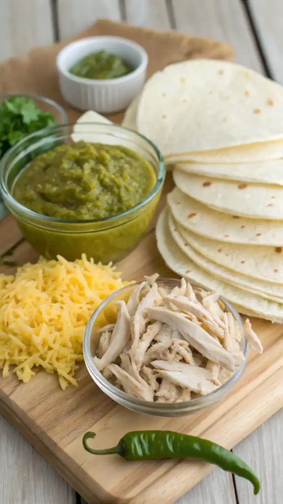 Ingredients for green chili chicken enchiladas, including shredded chicken, green chili sauce, tortillas, and cheese.