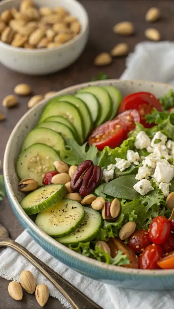 Ingredients for a pistachio salad including pistachios, mixed greens, cucumber, cherry tomatoes, and feta cheese.