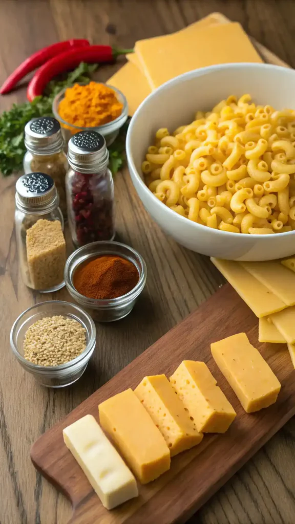 Ingredients for smoked mac and cheese including elbow macaroni, cheddar cheese, and spices.