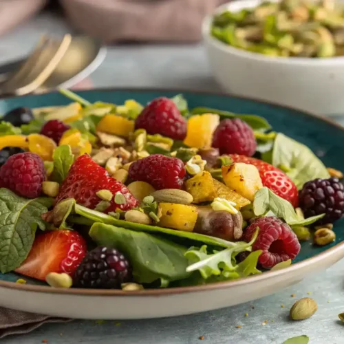 Ingredients for a pistachio salad including pistachios, mixed greens, cucumber, cherry tomatoes, and feta cheese.