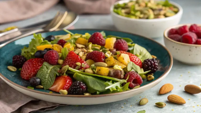 Ingredients for a pistachio salad including pistachios, mixed greens, cucumber, cherry tomatoes, and feta cheese.
