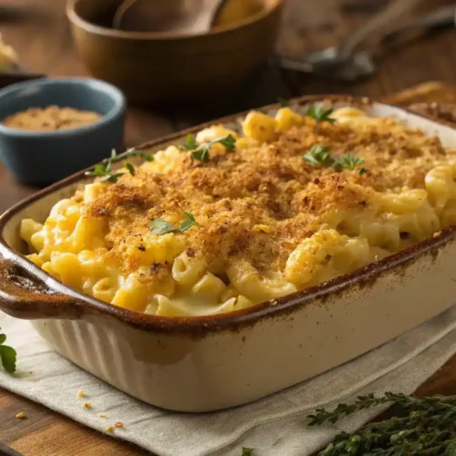A serving of smoked mac and cheese topped with breadcrumbs and fresh herbs.