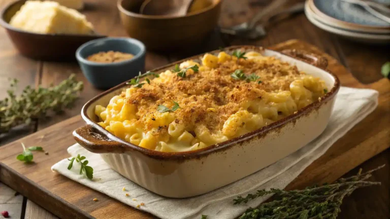 A serving of smoked mac and cheese topped with breadcrumbs and fresh herbs.