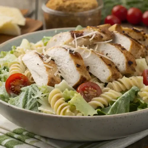 A vibrant Chicken Caesar Pasta Salad with rotini pasta, grilled chicken, romaine lettuce, cherry tomatoes, and creamy dressing, garnished with Parmesan and croutons.
