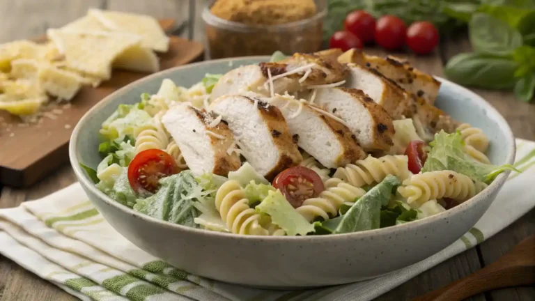 A vibrant Chicken Caesar Pasta Salad with rotini pasta, grilled chicken, romaine lettuce, cherry tomatoes, and creamy dressing, garnished with Parmesan and croutons.