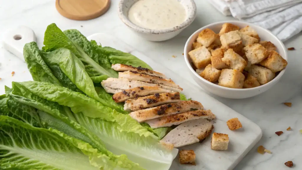 Fresh ingredients for Chicken Caesar Salad including romaine lettuce, grilled chicken, croutons, and Caesar dressing on a marble countertop.