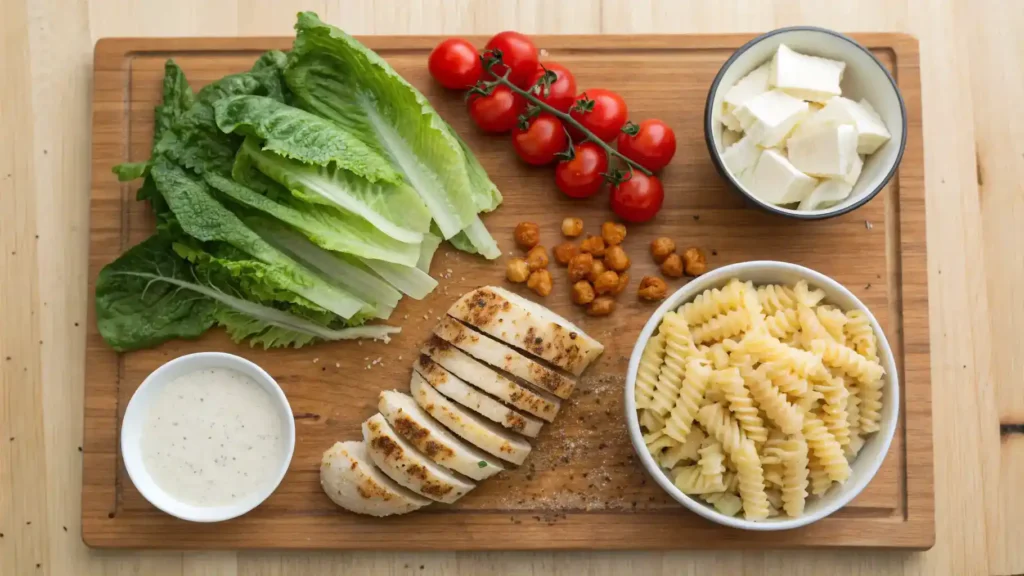 Flat lay of ingredients for Chicken Caesar Pasta Salad, including pasta, chicken, lettuce, tomatoes, cheese, croutons, and dressing.