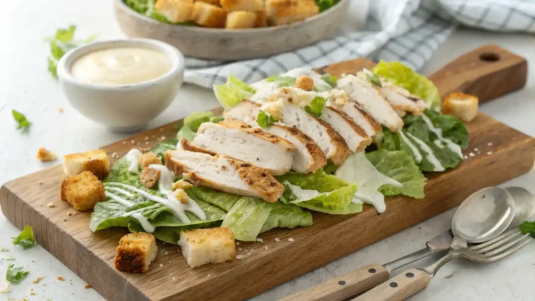 A vibrant Chicken Caesar Salad with grilled chicken, romaine lettuce, croutons, and Caesar dressing on a wooden table.